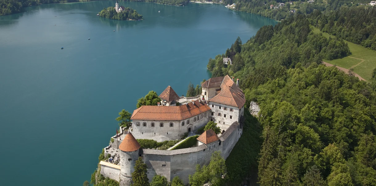 Panoramski pogled na mogočen Blejski grad, okoliške gozdove, jezero in otoček s cerkvijo